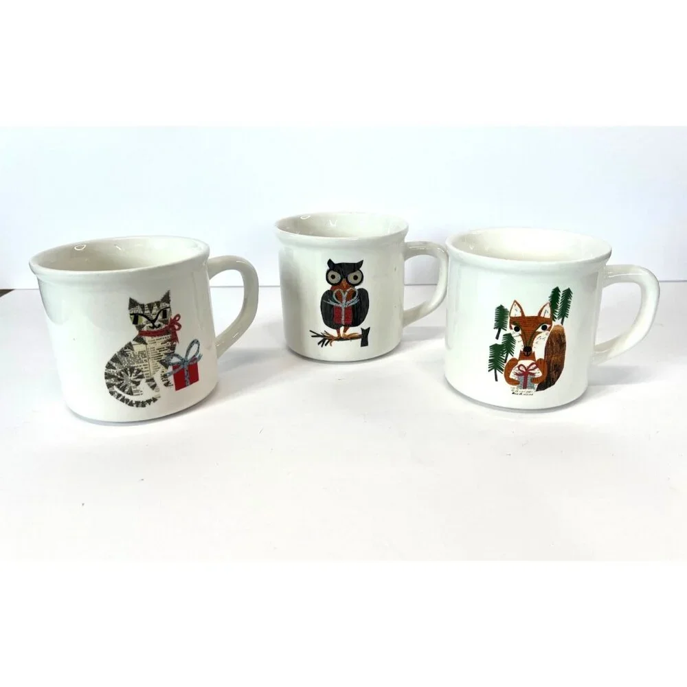 3 POTTERY BARN DENISE FIEDLER WHIMSICAL CAT,FOX & OWL MUGS -A FUN TASTE OF NATUR